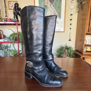 Vintage Via Spiga Tall Black Leather Boots Silver Hardware Low Block Heel | 6.5